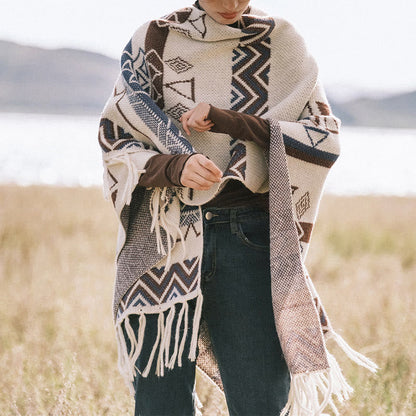 Buddhist BlessingTibetan Wave Stripe Geometry Tassels Shawl Fall Winter Cozy Scarf Wrap