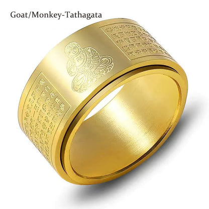 Buddhist Blessing Chinese Zodiac Natal Buddhist Blessing Heart Sutra Carved Titanium Steel Calm Rotatable Ring