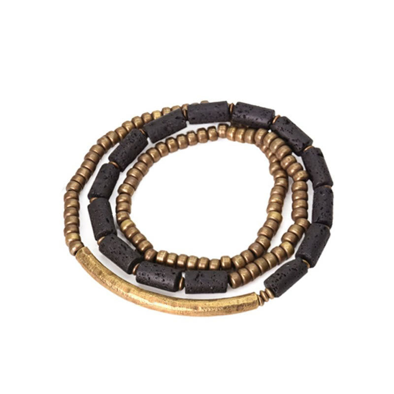 Buddhist Blessing Vintage Lava Rock Copper Brass Multi-turn Wrap Calm Bracelet