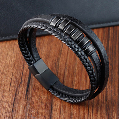 Buddhist Blessing Simple Titanium Steel Braided Three-layer Leather Buckle Calm Bracelet