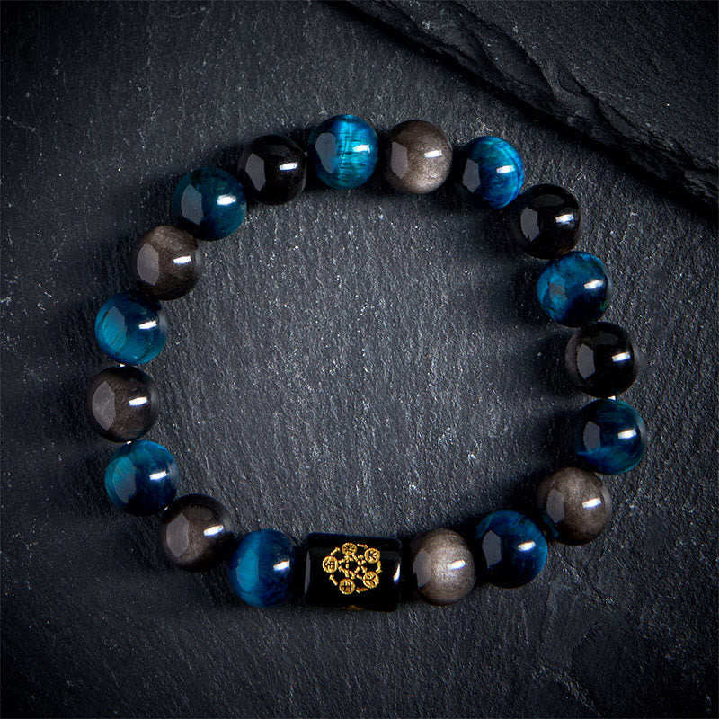 Buddhist Blessing Silver Sheen Obsidian Blue Tiger Eye Black Onyx Five Elements Protection Bracelet