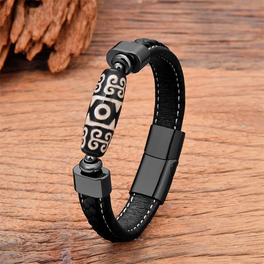 Buddhist Blessing Tibetan Dzi Bead Protection Blessings Leather Bracelet