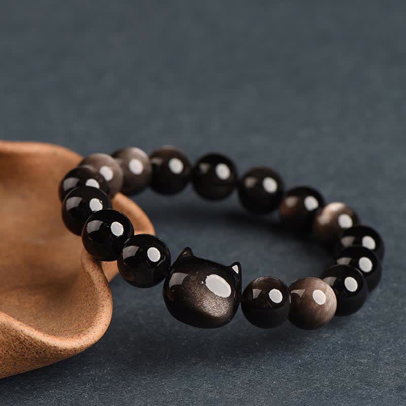 Buddhist Blessing Gold Sheen Obsidian Silver Sheen Obsidian Lovely Paw Lucky Cat Protection Bracelet