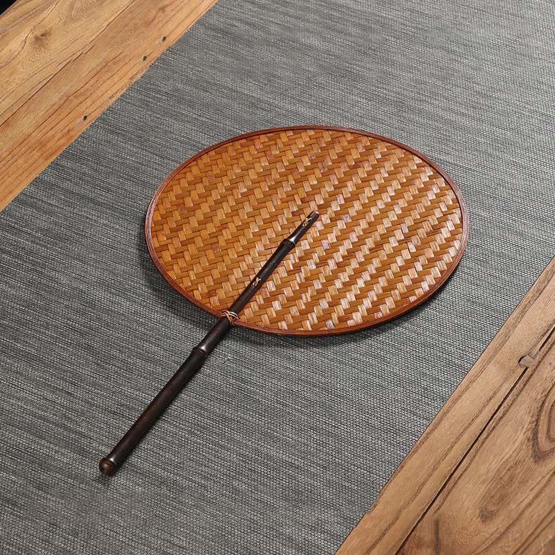 Buddhist Blessing Chinese Style Handmade Bamboo Woven Round Oval Banana Shape Long Handle Fan