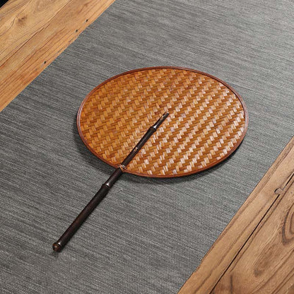 Buddhist Blessing Chinese Style Handmade Bamboo Woven Round Oval Banana Shape Long Handle Fan