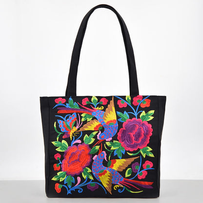 Buddhist Blessing Galsang Magpie Peony Camellia Chrysanthemum Embroidery Canvas Shopping Purse Handbag Shoulder Bag