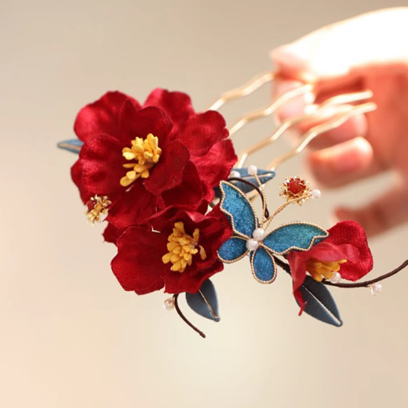 Buddhist Blessing Chinese Style Red Camellia Butterfly Hair Clip Hair Comb Hairpin Barrette Accessory