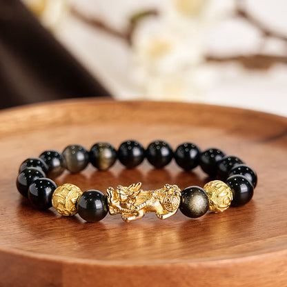 Buddhist Blessing Natural Gold Sheen Obsidian PiXiu Om Mani Padme Hum Wealth Bracelet