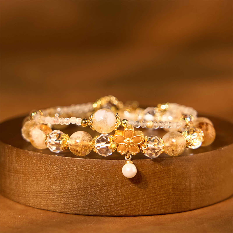 Buddhist Blessing Natural Citrine Glass Beads Flower Multiple Layers Prosperity Bracelet