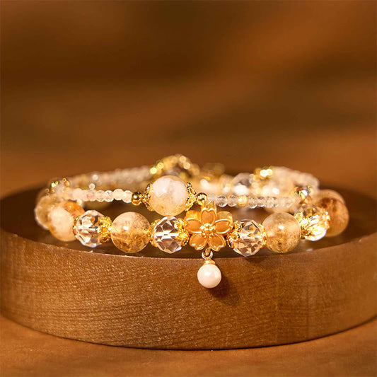 Buddhist Blessing Natural Citrine Glass Beads Flower Multiple Layers Prosperity Bracelet