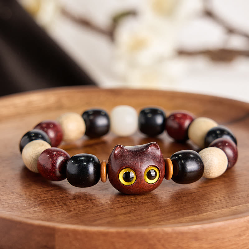 Buddhist Blessing Small Leaf Red Sandalwood Ebony Wood Cute Cat Engraved Protection Bracelet