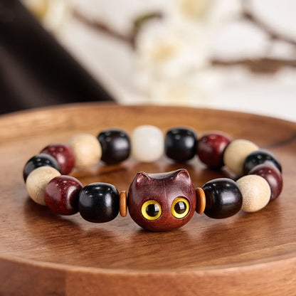 Buddhist Blessing Small Leaf Red Sandalwood Ebony Wood Cute Cat Engraved Protection Bracelet