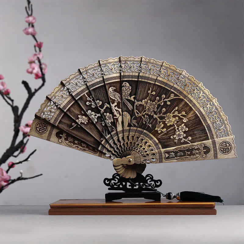 Buddhist Blessing Koi Fish Peony Bird Flower Engraved Hollow Handheld Phoebe Zhennan Wood Folding Fan 22cm