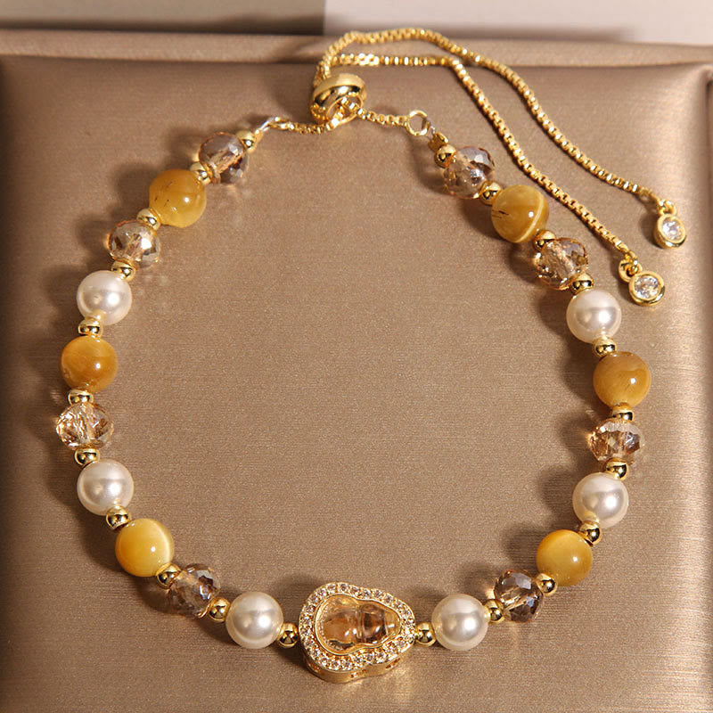 Buddhist Blessing Yellow Cat's Eye Stone Pearl Gourd Prosperity Bracelet
