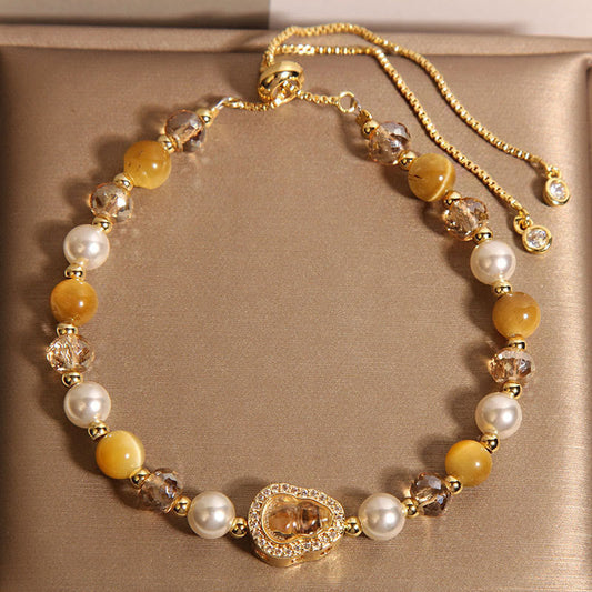 Buddhist Blessing Yellow Cat's Eye Stone Pearl Gourd Prosperity Bracelet