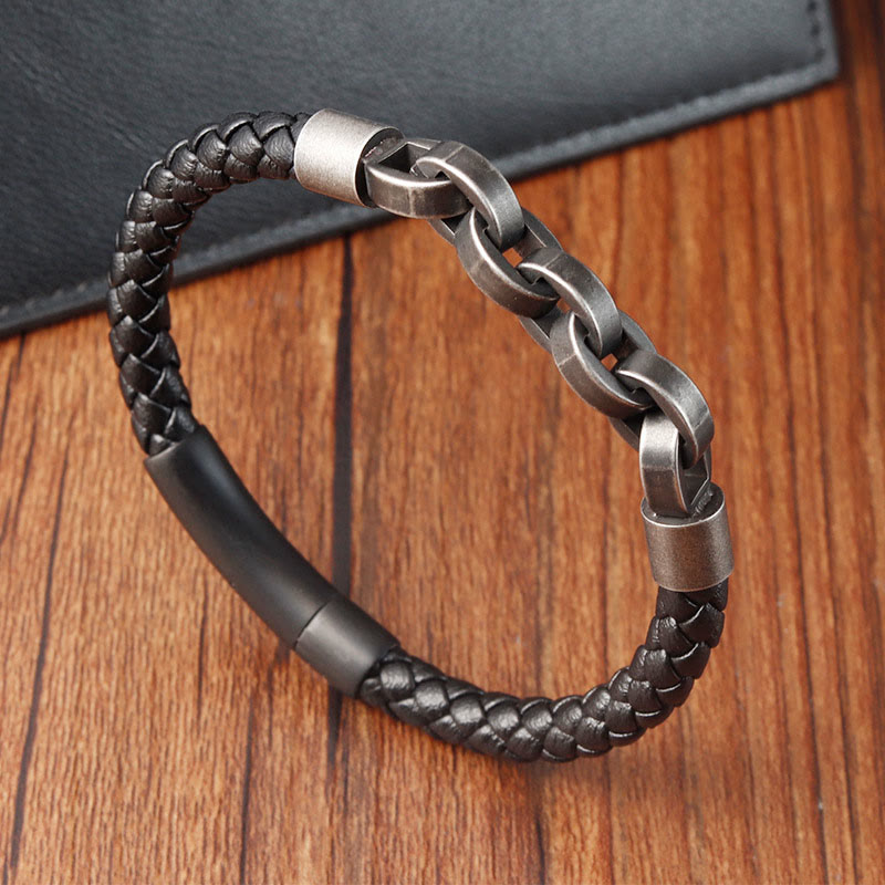 Buddhist Blessing Chain Design Titanium Steel Balance Leather Braided Buckle Bracelet