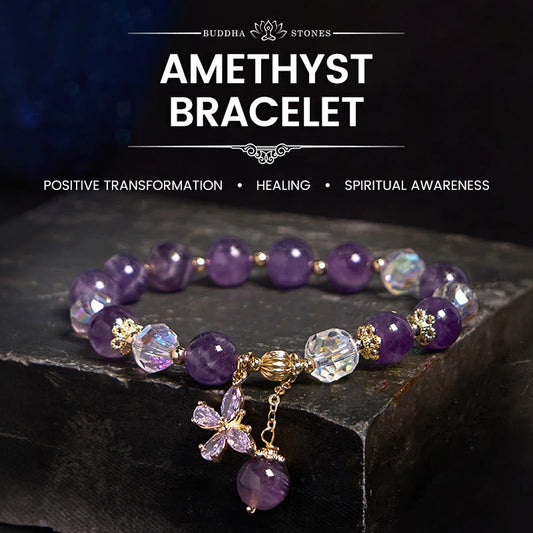 Buddhist Blessing Natural Amethyst Crystal Spiritual Butterfly Charm Bracelet