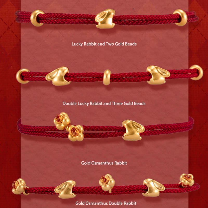 Buddhist Blessing 999 Gold Small Lucky Rabbit Osmanthus Design Handmade Luck Braided Rope Bracelet