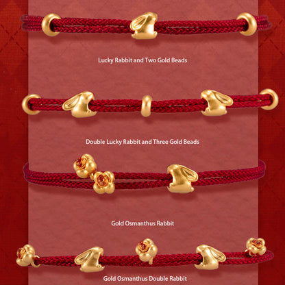 Buddhist Blessing 999 Gold Small Lucky Rabbit Osmanthus Design Handmade Luck Braided Rope Bracelet