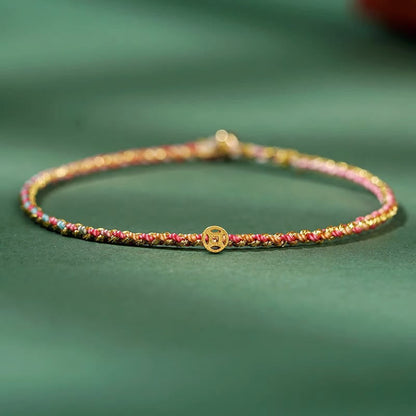 Buddhist Blessing Colorful Rope Luck Coin Bead Abundance Extra Thin Braided Bracelet