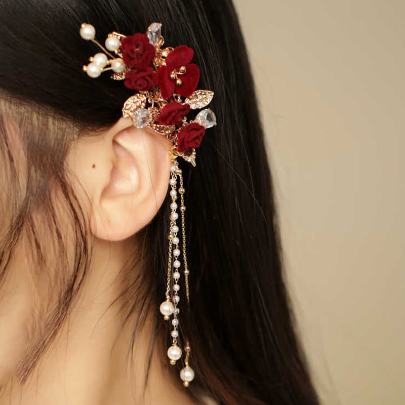 Buddhist Blessing Retro Chinese Style Red Camellia Flower Tassel Side Hair Clip