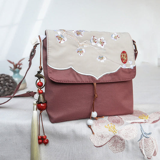 Buddhist Blessing Plain Brown Embroidered Plum Bossom Cotton Linen Crossbody Bag Shoulder Bag