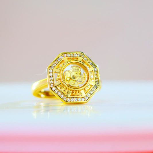 Buddhist Blessing Gold Plated Copper Windmill Feng Sheng Shui Qi Luck Wealth Adjustable Ring