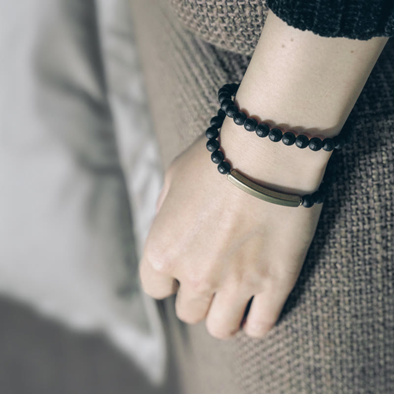 Buddhist Blessing Frosted Cut Surface Black Onyx Copper Brass Double Wrap Protection Bracelet