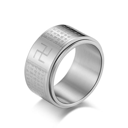Buddhist Blessing Heart Sutra Swastika Titanium Steel Luck Rotatable Ring