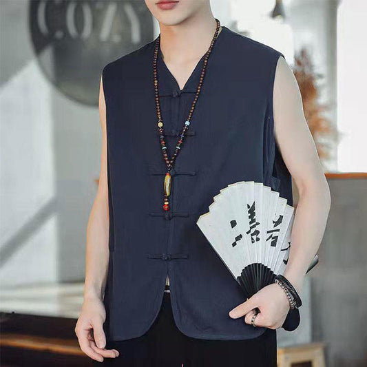 Buddhist Blessing Casual Chinese Frog-Button Men's Cotton Vest Waistcoat With Pockets