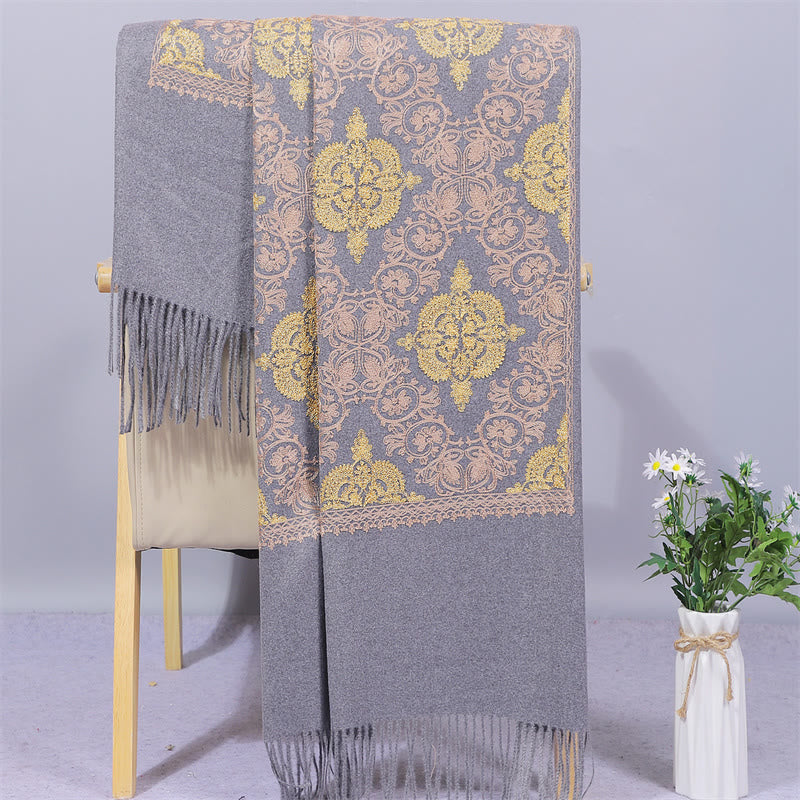 Buddhist Blessing Polyester Shawl Symmetry Gold Filigree Embroidery Tassel Winter Cozy Travel Scarf Wrap