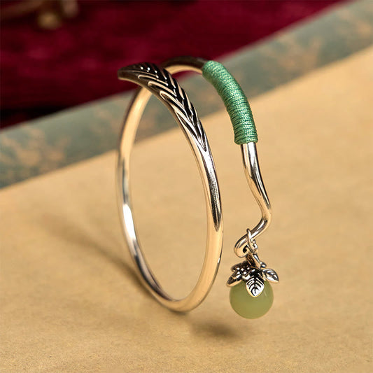 Buddhist Blessing Copper Alloy Green Bead Charm Luck Cuff Bracelet Bangle