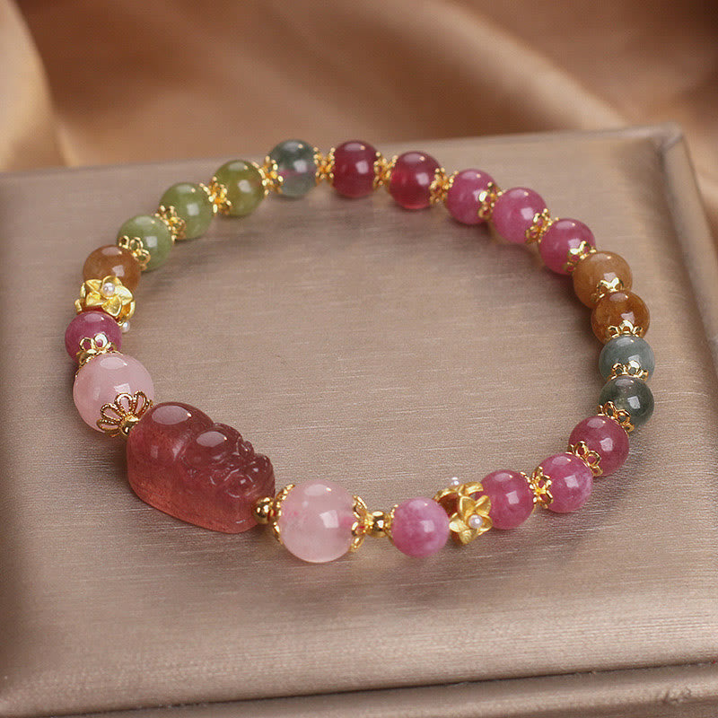 Buddhist Blessing Tourmaline Strawberry Quartz Pink Crystal PIXIU Love Bracelet
