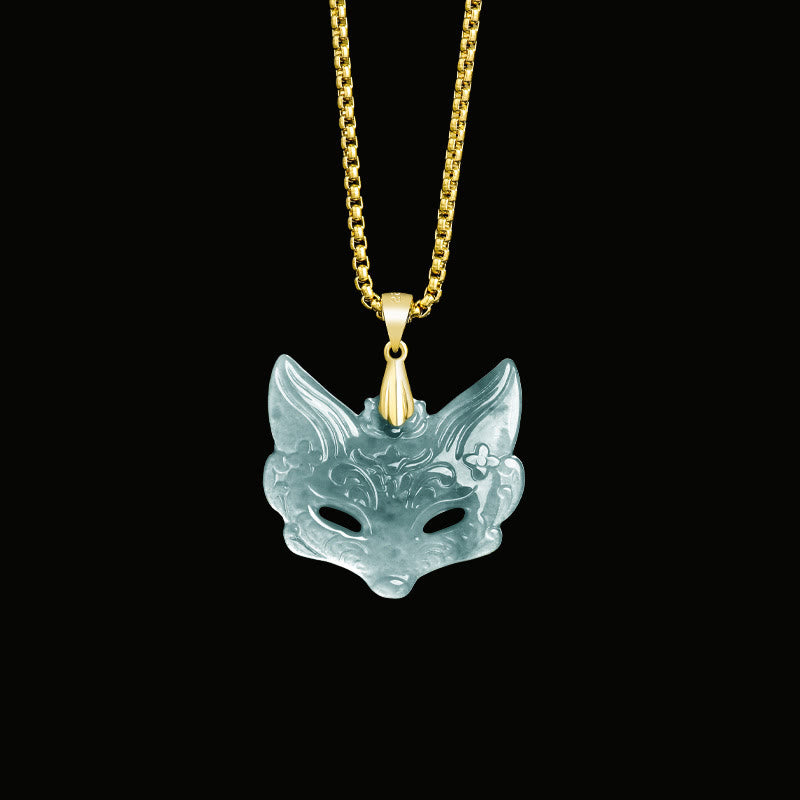 Buddhist Blessing Fox Mask Jade Titanium Steel Necklace Luck Pendant