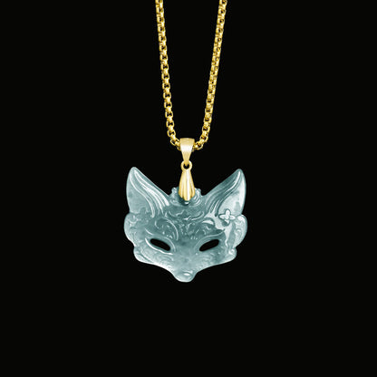 Buddhist Blessing Fox Mask Jade Titanium Steel Necklace Luck Pendant