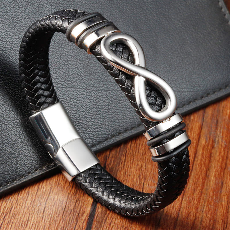 Buddhist Blessing Endless Knot Design Titanium Steel Strengthen Braided Leather Buckle Bracelet