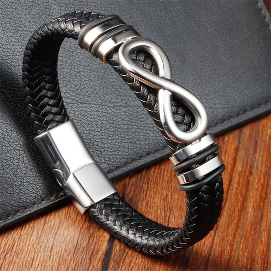 Buddhist Blessing Endless Knot Design Titanium Steel Strengthen Braided Leather Buckle Bracelet