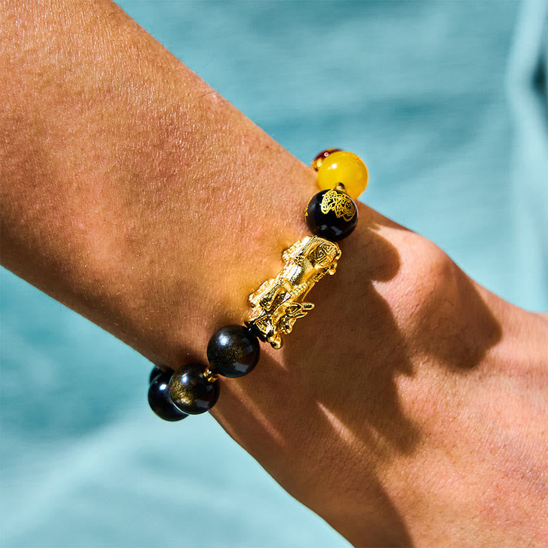 Buddhist Blessing Natural Gold Sheen Obsidian PiXiu Five Directions Gods of Wealth Protection Bracelet