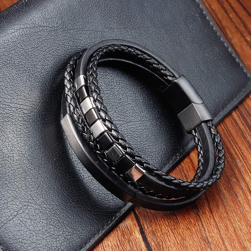Buddhist Blessing Square Titanium Steel Leather Multi-layer Buckle Calm Bracelet