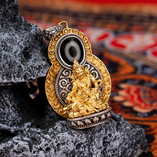 Buddhist Blessing 925 Sterling Silver Tibet Yellow Jambhala God of Wealth Dzi Bead Om Mani Padme Hum Happiness Necklace Pendant