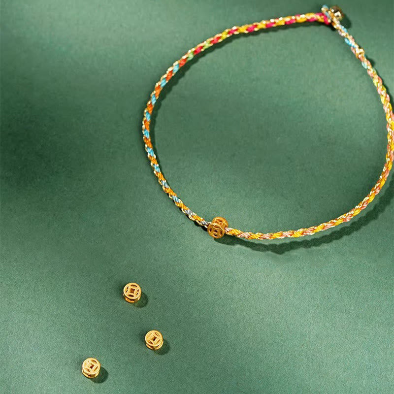 Buddhist Blessing Colorful Rope Luck Coin Bead Abundance Extra Thin Braided Bracelet