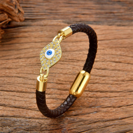 Buddhist Blessing Evil Eye Protection Leather Metal Buckle Bracelet