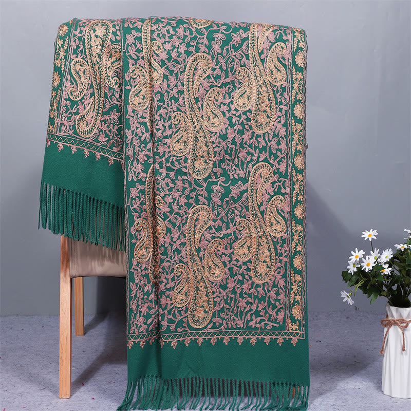Buddhist Blessing Rayon Fabric Shawl Golden Cashew Flowers Embroidery Tassel Winter Cozy Travel Scarf Wrap