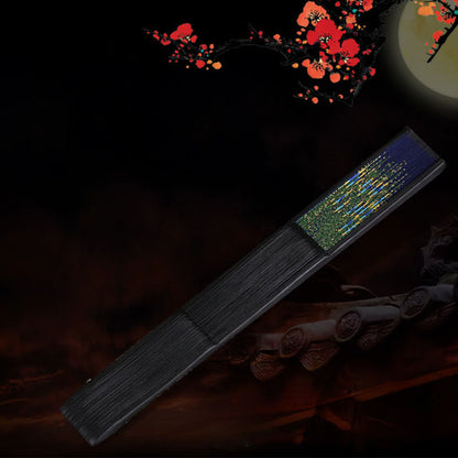 Buddhist Blessing Peacock Feather Handheld Bamboo Folding Fan 21.5cm