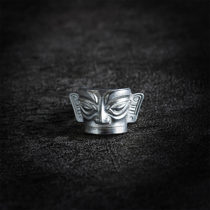 Buddhist Blessing 999 Sterling Silver Hand Casting Sanxingdui Mask Protection Ring