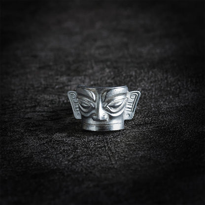 Buddhist Blessing 999 Sterling Silver Hand Casting Sanxingdui Mask Protection Ring
