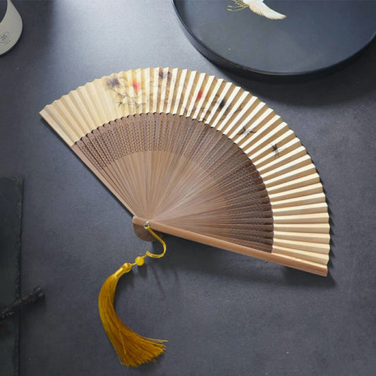 Buddhist Blessing Lotus Dragonfly Peony Butterfly Handheld Paper Bamboo Folding Fan 22.5cm