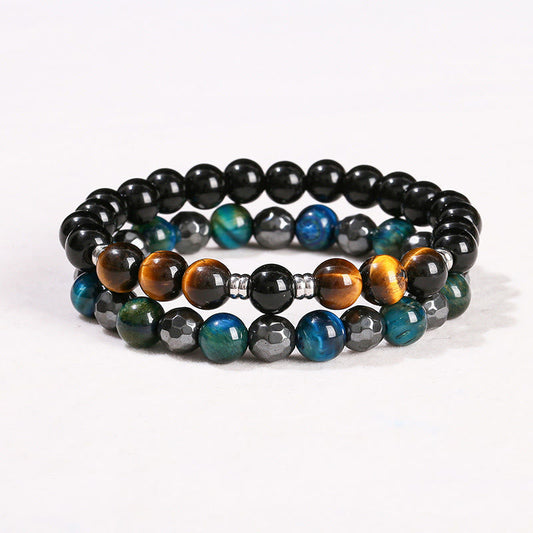 Buddhist Blessing 2Pcs Hematite Tiger Eye Blue Tiger Eye Powerful Bracelet Set