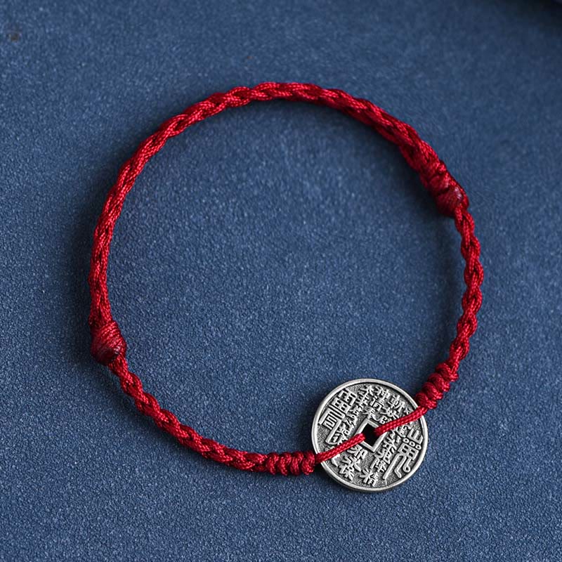 Buddhist Blessing 925 Sterling Silver Coin Protection Braided Bracelet Anklet