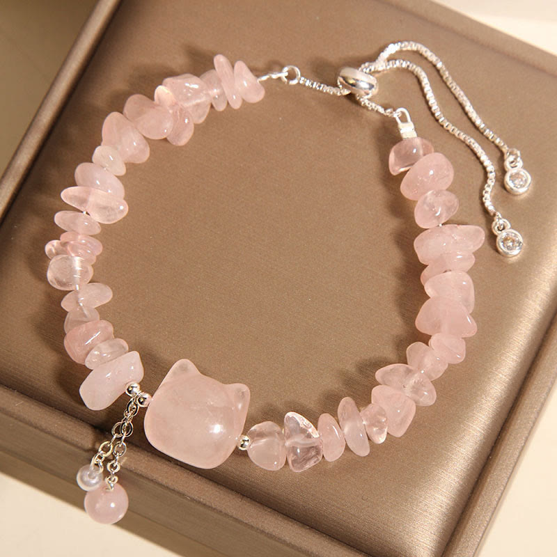 Buddhist Blessing Natural Pink Crystal Agate Gravel Stone Cat Head Soothing Bracelet
